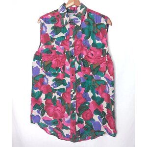 Vtg 90s Leena Studio L Blouse Button Collar Silk Abstract Pink Purple Sleeveless